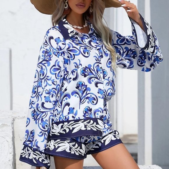 Blue Preppy Womens Floral Print Drop Shoulder Shirt & Shorts - Picture 2 of 5
